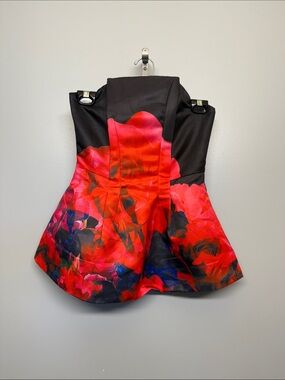 Strapless Red Floral Peplum Faux Bustier Top